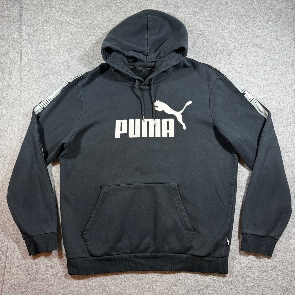 Puma Essentials Hoodie Mens L Black Fleece Taped Logo Sleeve Stripes Streetwear